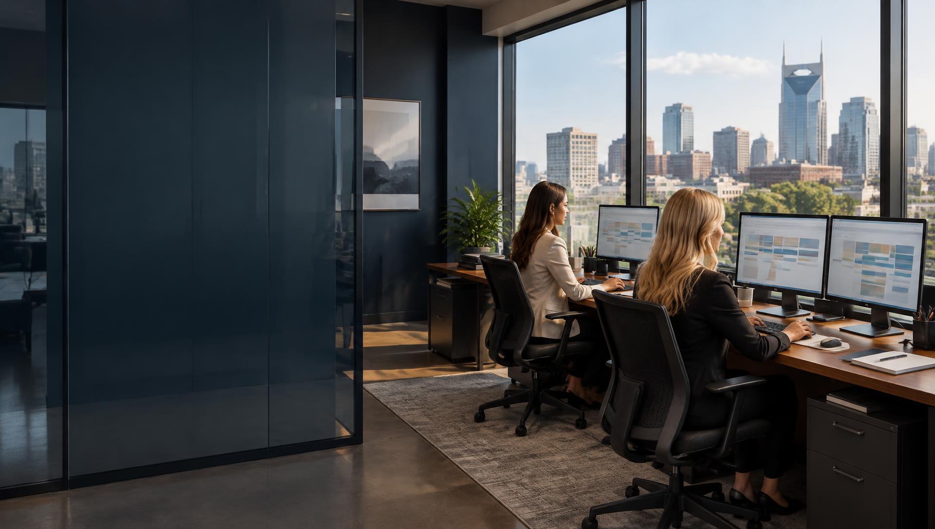 Illustrative operations office with dispatch scheduling desks and a Nashville city view